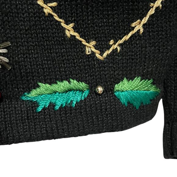 OHI Vintage Black Christmas Holiday Knit Cardigan Sweater Embroidered Beaded - Picture 4 of 13